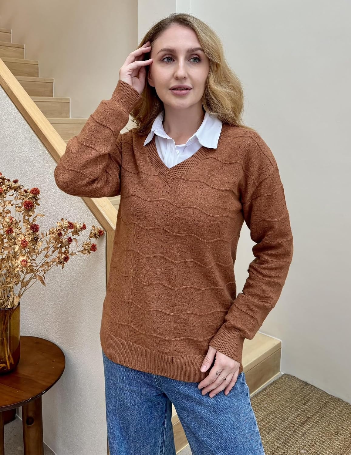 image:imageZeagoo Womens Sweaters Fall Casual Long Sleeve V Neck Shirts Lightweight Crochet Ribbed Knit Pullover Tops OutfitsCaramel