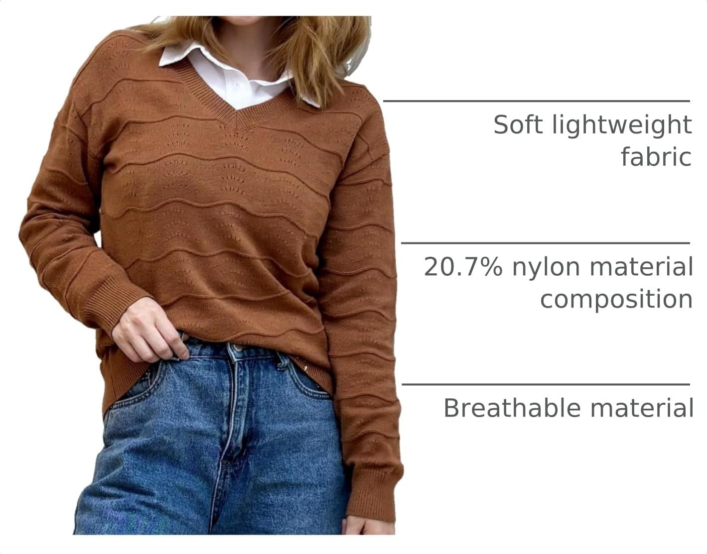 image:imageZeagoo Womens Sweaters Fall Casual Long Sleeve V Neck Shirts Lightweight Crochet Ribbed Knit Pullover Tops OutfitsCaramel
