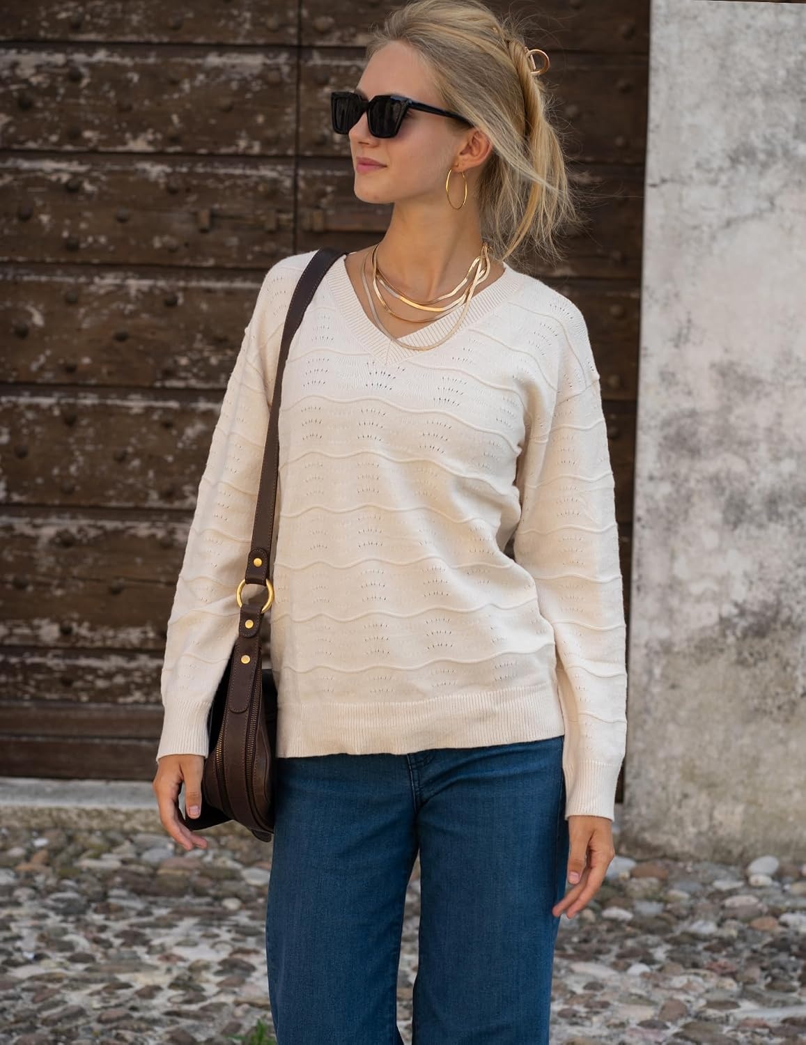 image:imageZeagoo Womens Sweaters Fall Casual Long Sleeve V Neck Shirts Lightweight Crochet Ribbed Knit Pullover Tops OutfitsCream