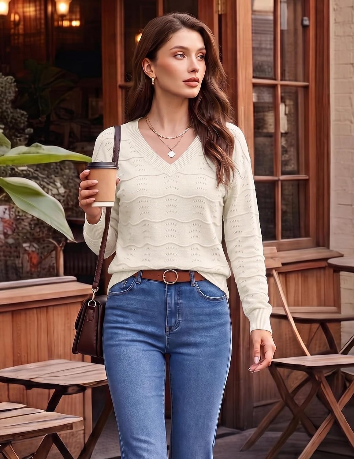 image:imageZeagoo Womens Sweaters Fall Casual Long Sleeve V Neck Shirts Lightweight Crochet Ribbed Knit Pullover Tops OutfitsCream