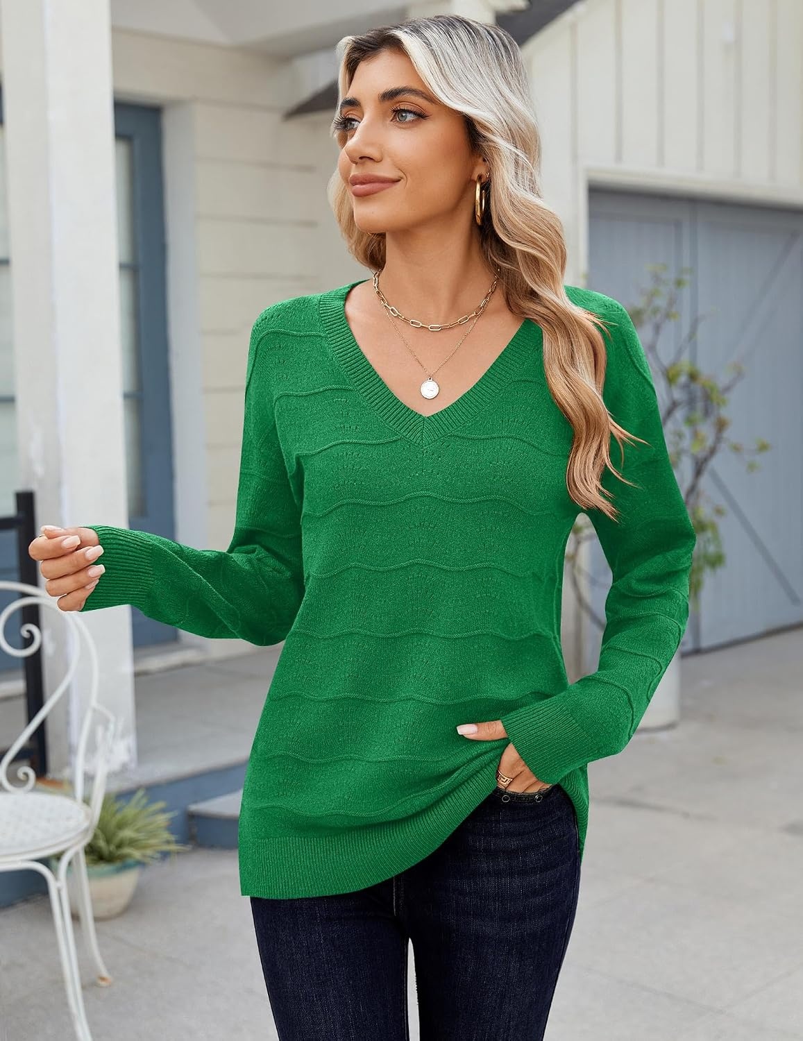 image:imageZeagoo Womens Sweaters Fall Casual Long Sleeve V Neck Shirts Lightweight Crochet Ribbed Knit Pullover Tops OutfitsGreen
