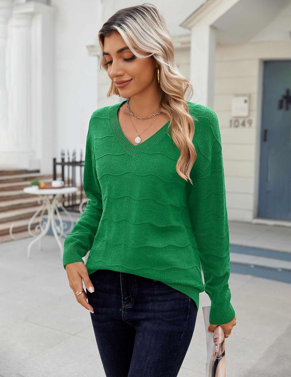 image:imageZeagoo Womens Sweaters Fall Casual Long Sleeve V Neck Shirts Lightweight Crochet Ribbed Knit Pullover Tops OutfitsGreen
