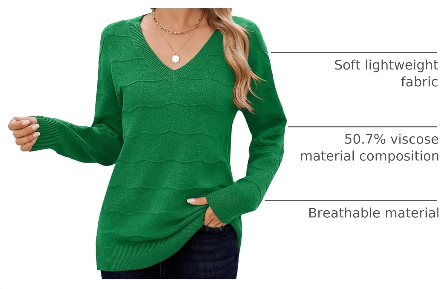 image:imageZeagoo Womens Sweaters Fall Casual Long Sleeve V Neck Shirts Lightweight Crochet Ribbed Knit Pullover Tops OutfitsGreen