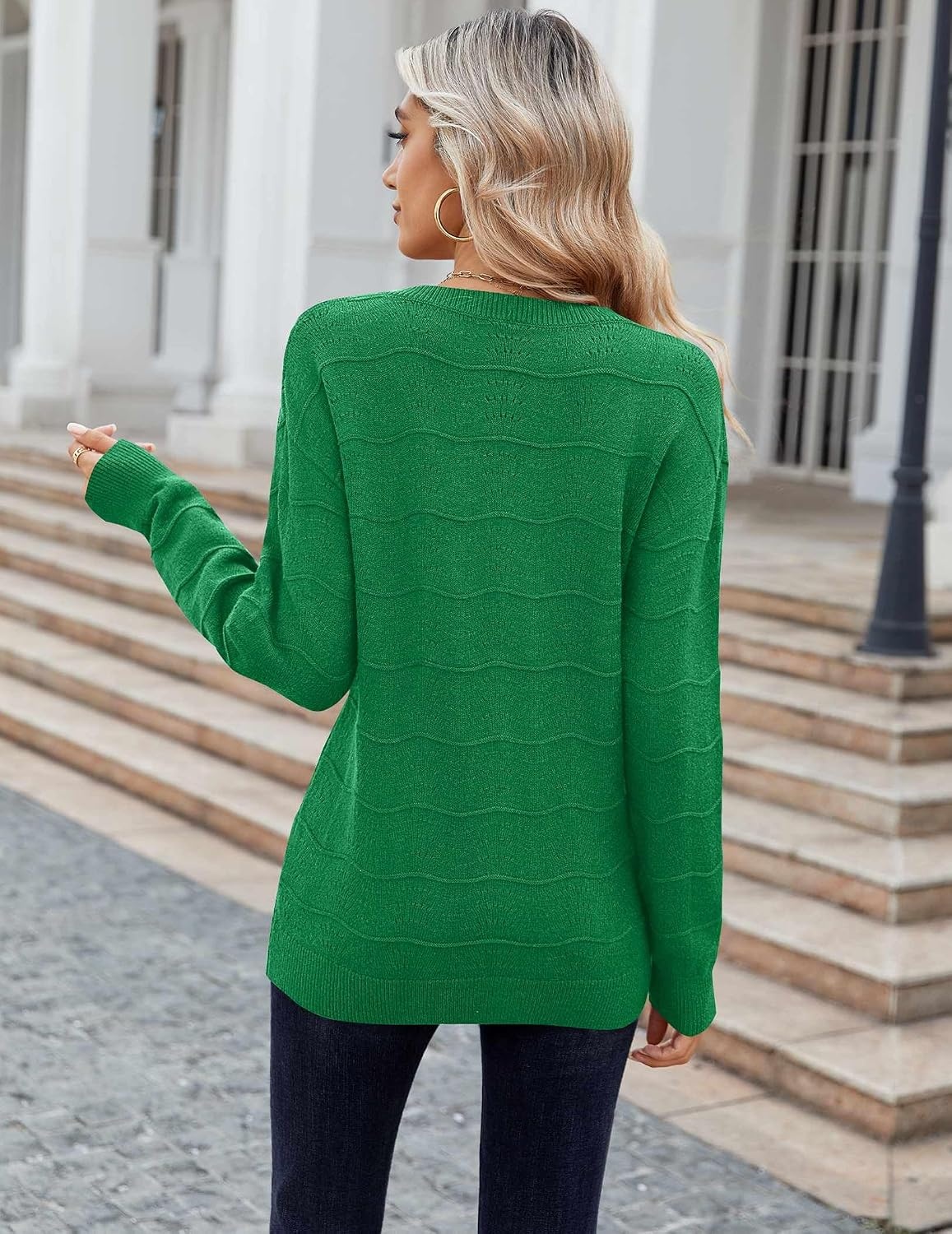image:imageZeagoo Womens Sweaters Fall Casual Long Sleeve V Neck Shirts Lightweight Crochet Ribbed Knit Pullover Tops OutfitsGreen
