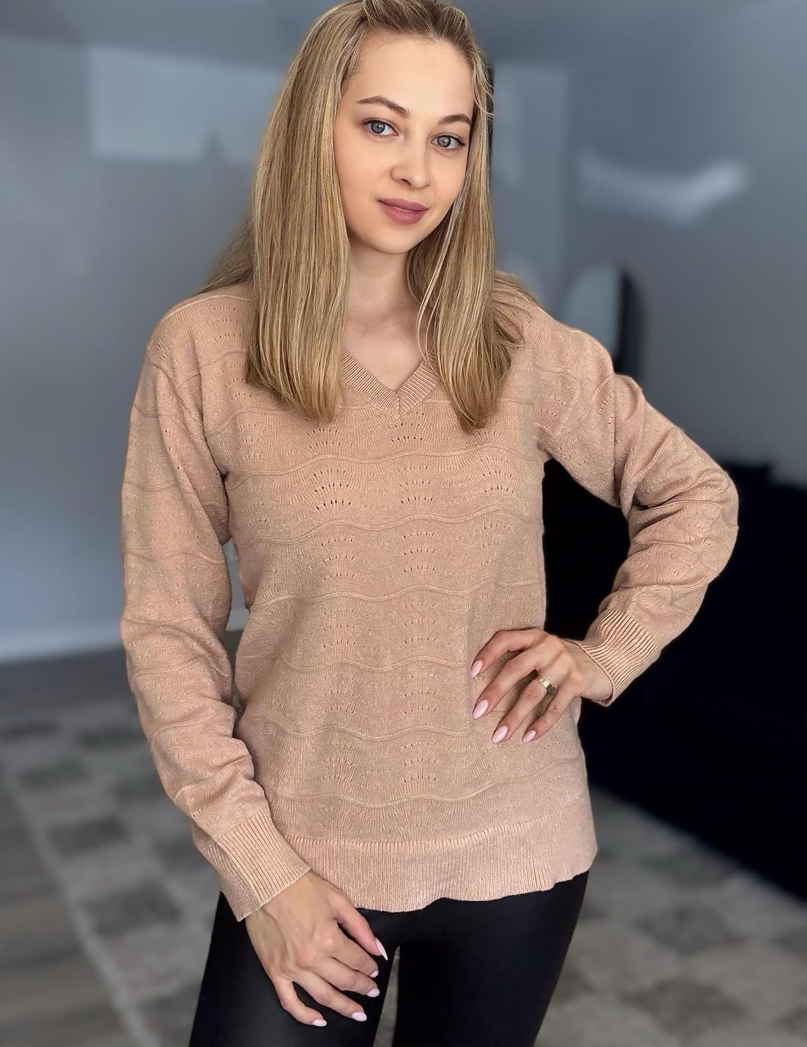 image:imageZeagoo Womens Sweaters Fall Casual Long Sleeve V Neck Shirts Lightweight Crochet Ribbed Knit Pullover Tops OutfitsKhaki
