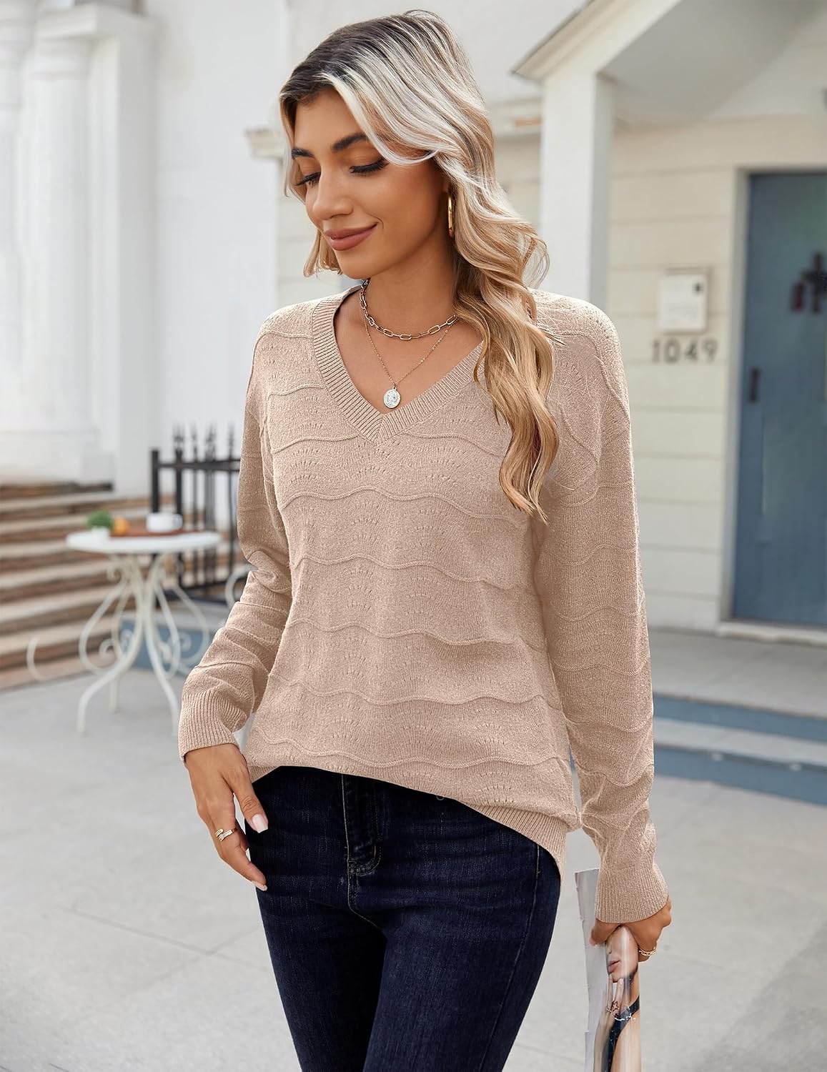 image:imageZeagoo Womens Sweaters Fall Casual Long Sleeve V Neck Shirts Lightweight Crochet Ribbed Knit Pullover Tops OutfitsKhaki