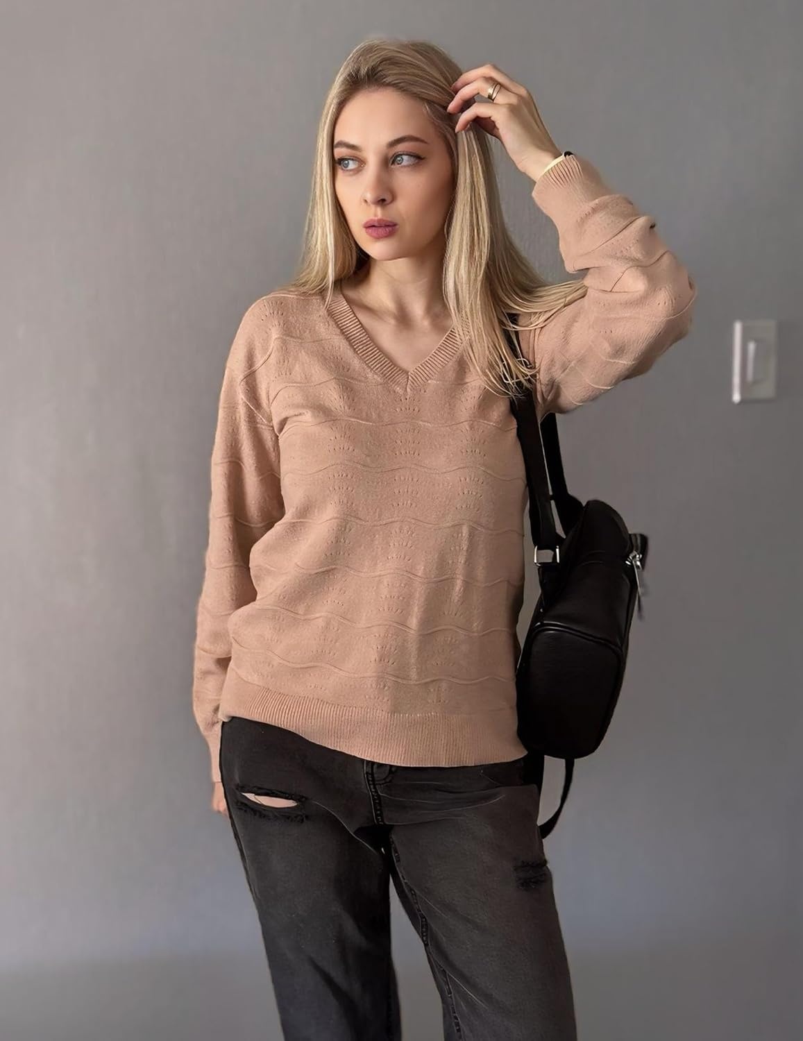 image:imageZeagoo Womens Sweaters Fall Casual Long Sleeve V Neck Shirts Lightweight Crochet Ribbed Knit Pullover Tops OutfitsKhaki
