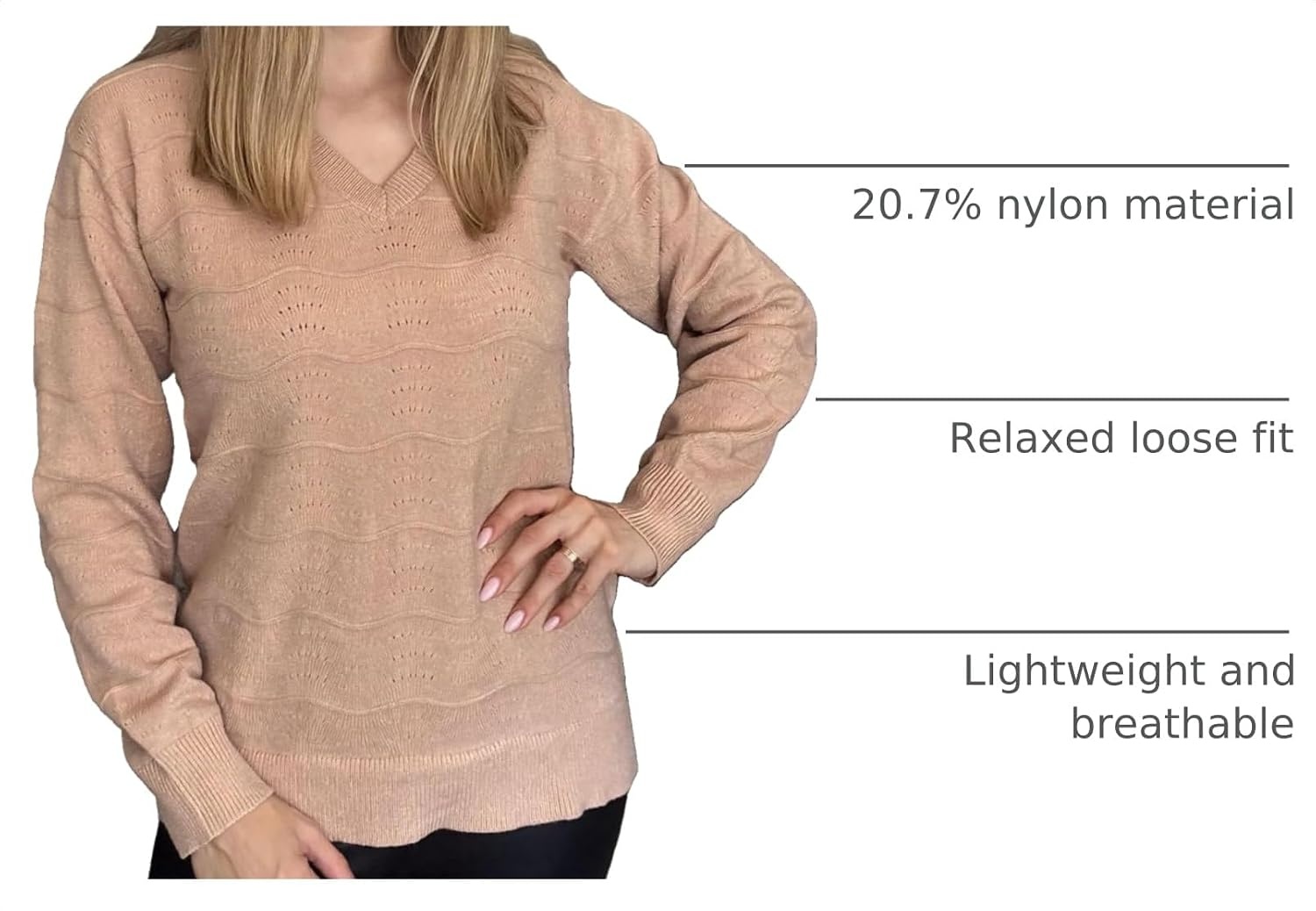 image:imageZeagoo Womens Sweaters Fall Casual Long Sleeve V Neck Shirts Lightweight Crochet Ribbed Knit Pullover Tops OutfitsKhaki
