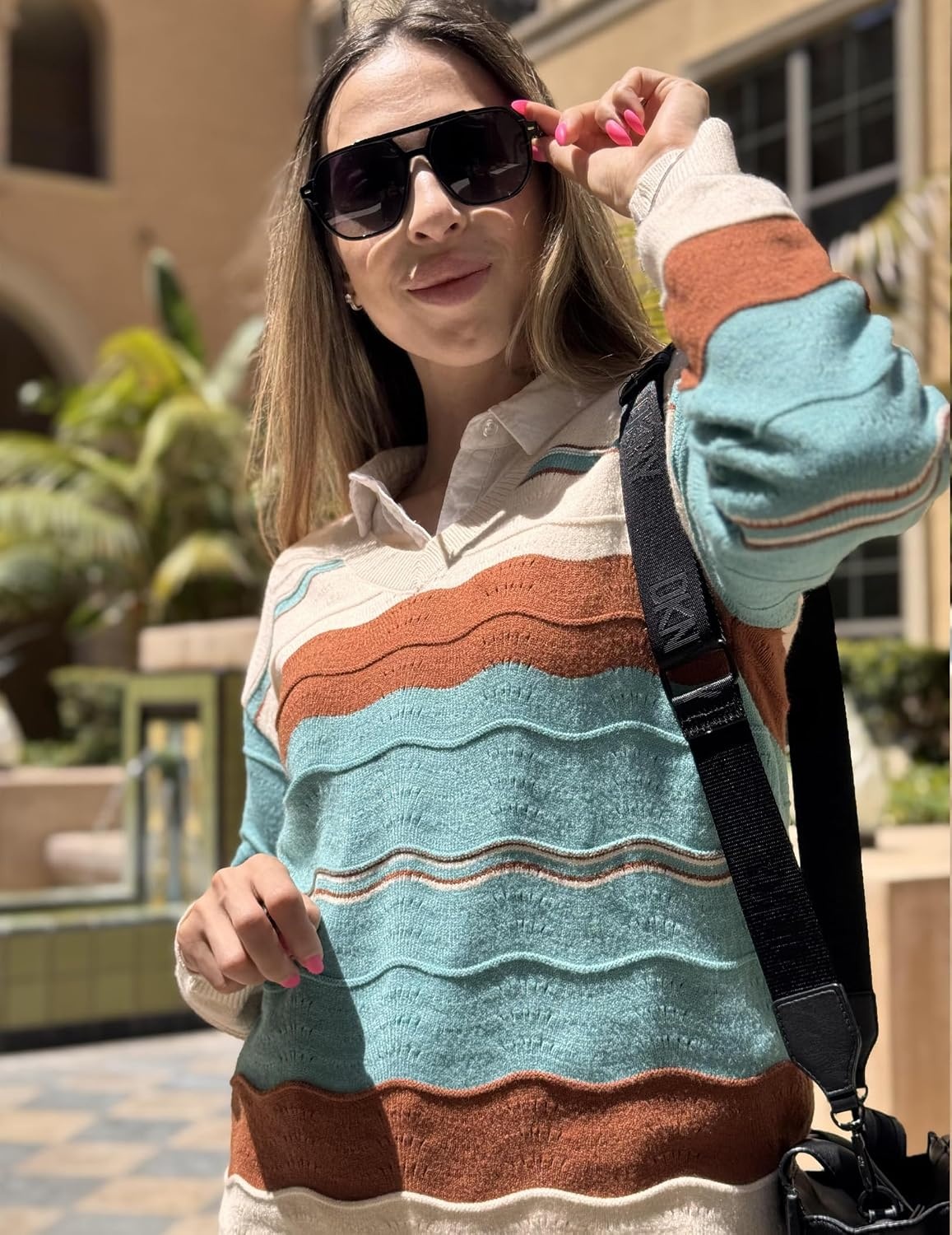 image:imageZeagoo Womens Sweaters Fall Casual Long Sleeve V Neck Shirts Lightweight Crochet Ribbed Knit Pullover Tops OutfitsLake Blue Colorblock