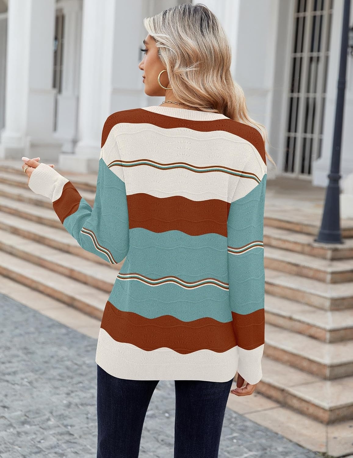 image:imageZeagoo Womens Sweaters Fall Casual Long Sleeve V Neck Shirts Lightweight Crochet Ribbed Knit Pullover Tops OutfitsLake Blue Colorblock