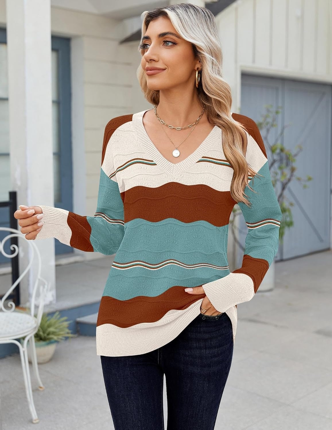 image:imageZeagoo Womens Sweaters Fall Casual Long Sleeve V Neck Shirts Lightweight Crochet Ribbed Knit Pullover Tops OutfitsLake Blue Colorblock