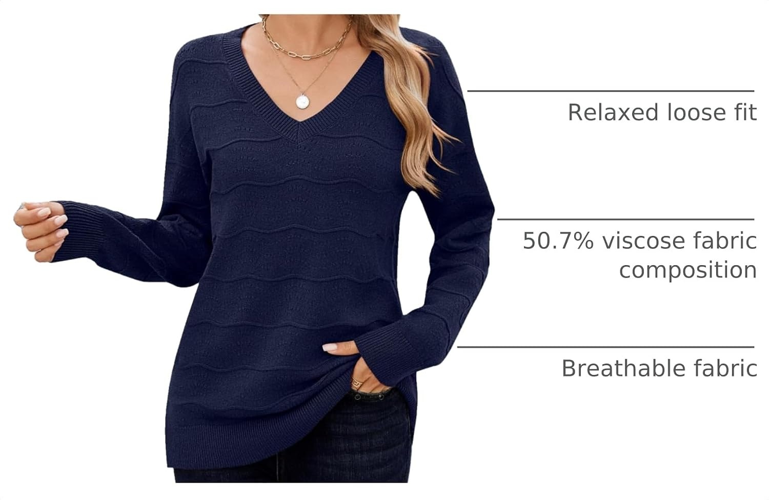 image:imageZeagoo Womens Sweaters Fall Casual Long Sleeve V Neck Shirts Lightweight Crochet Ribbed Knit Pullover Tops OutfitsNavy Blue