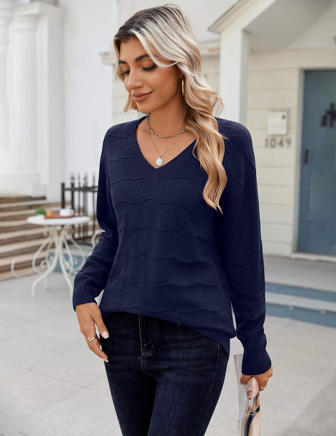 image:imageZeagoo Womens Sweaters Fall Casual Long Sleeve V Neck Shirts Lightweight Crochet Ribbed Knit Pullover Tops OutfitsNavy Blue