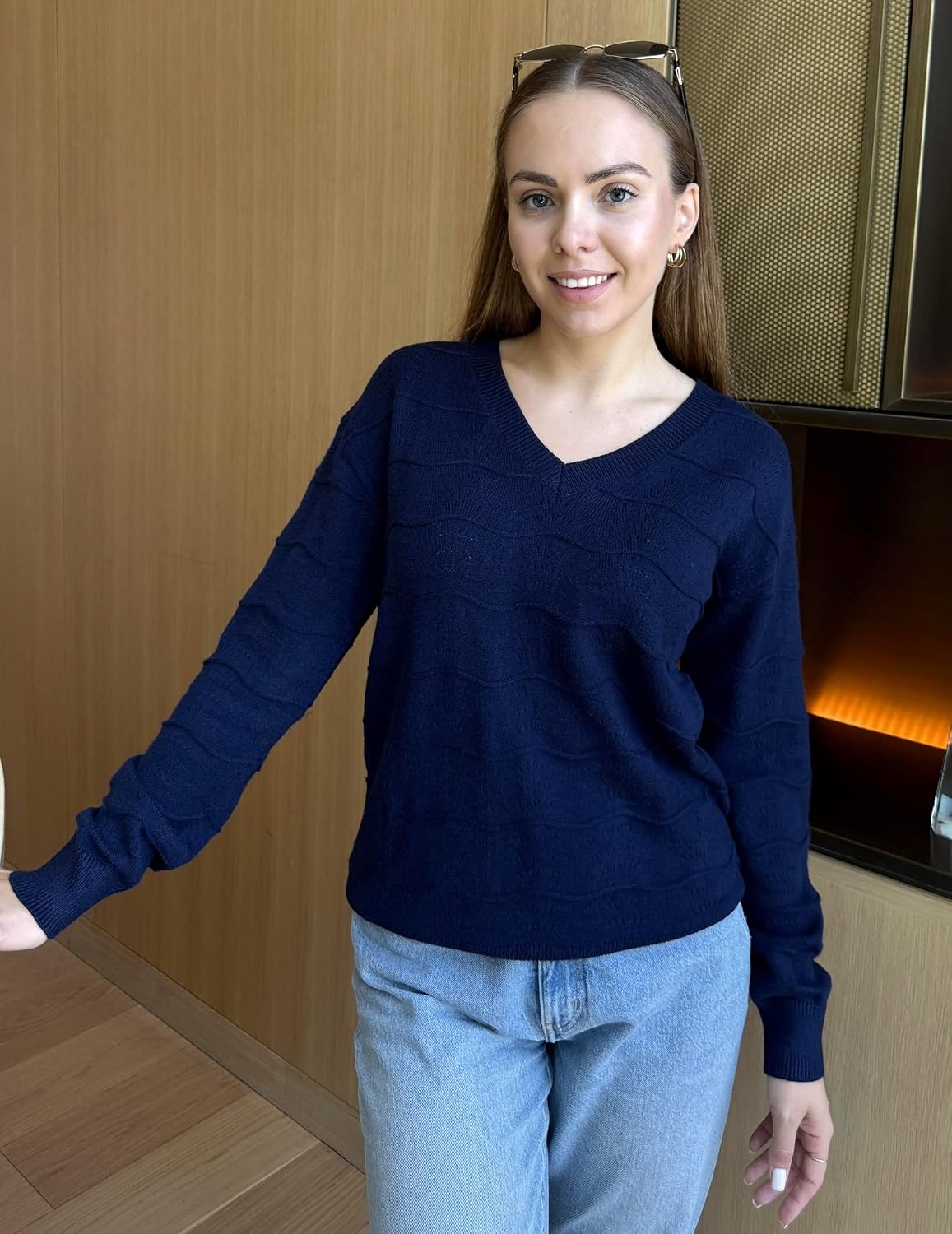 image:imageZeagoo Womens Sweaters Fall Casual Long Sleeve V Neck Shirts Lightweight Crochet Ribbed Knit Pullover Tops OutfitsNavy Blue