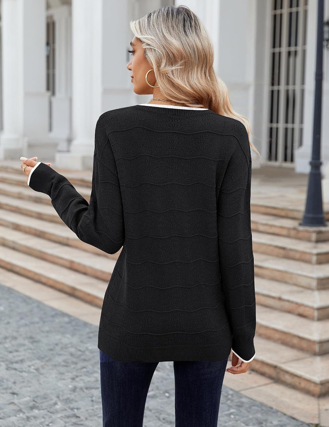 image:imageZeagoo Womens Sweaters Fall Casual Long Sleeve V Neck Shirts Lightweight Crochet Ribbed Knit Pullover Tops OutfitsStripedblack