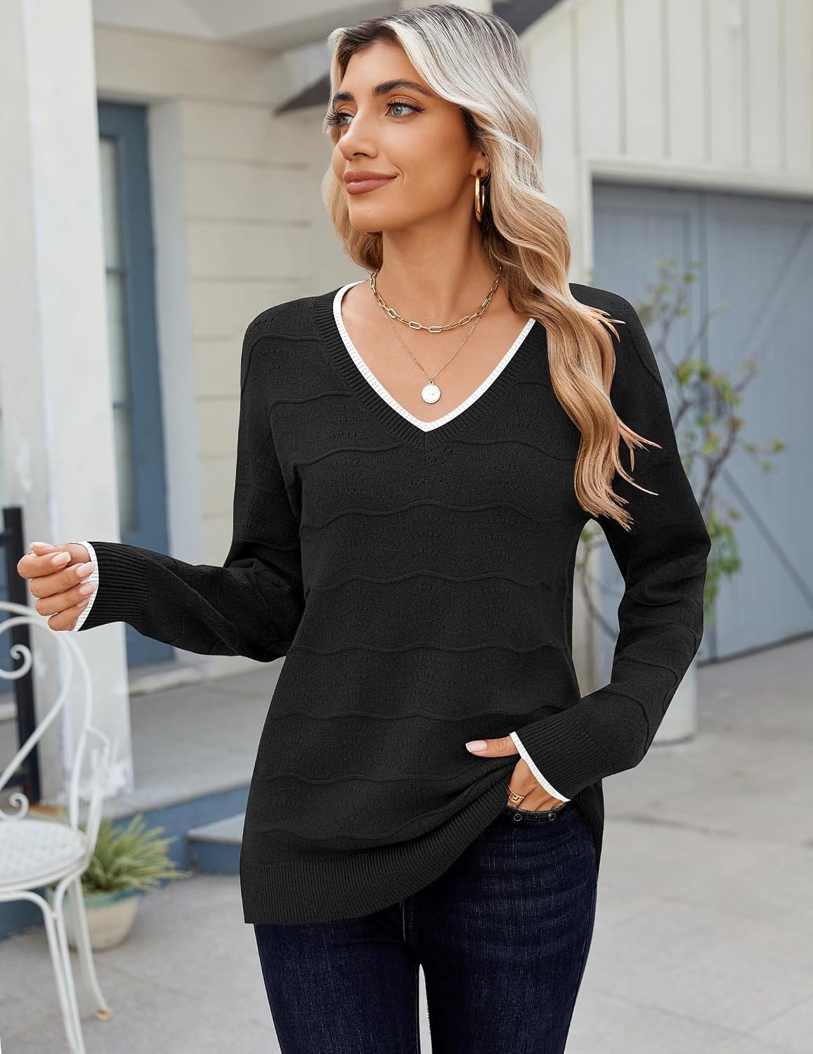 image:imageZeagoo Womens Sweaters Fall Casual Long Sleeve V Neck Shirts Lightweight Crochet Ribbed Knit Pullover Tops OutfitsStripedblack