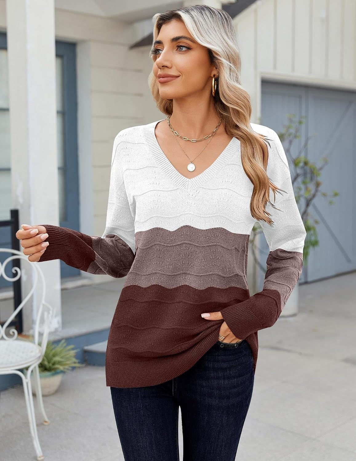 image:imageZeagoo Womens Sweaters Fall Casual Long Sleeve V Neck Shirts Lightweight Crochet Ribbed Knit Pullover Tops OutfitsTan Colorblock