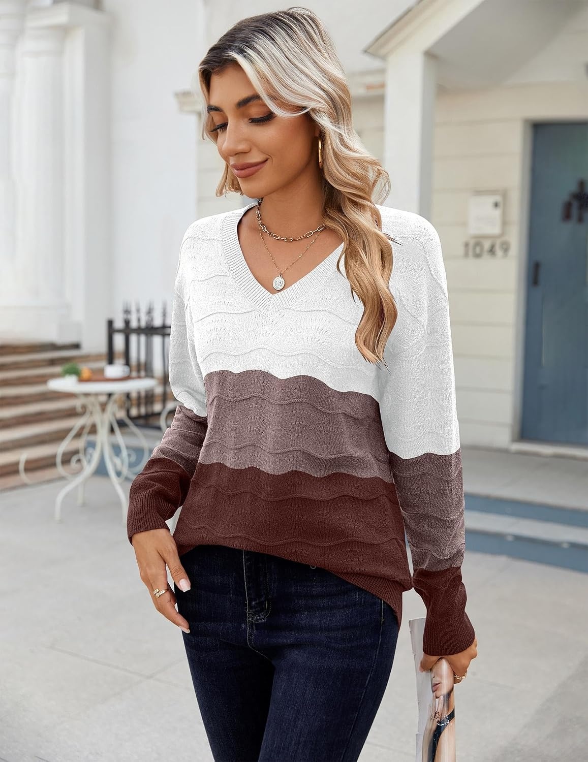 image:imageZeagoo Womens Sweaters Fall Casual Long Sleeve V Neck Shirts Lightweight Crochet Ribbed Knit Pullover Tops OutfitsTan Colorblock