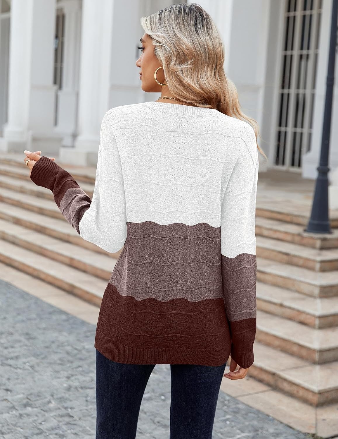 image:imageZeagoo Womens Sweaters Fall Casual Long Sleeve V Neck Shirts Lightweight Crochet Ribbed Knit Pullover Tops OutfitsTan Colorblock