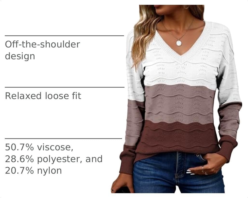 image:imageZeagoo Womens Sweaters Fall Casual Long Sleeve V Neck Shirts Lightweight Crochet Ribbed Knit Pullover Tops OutfitsTan Colorblock