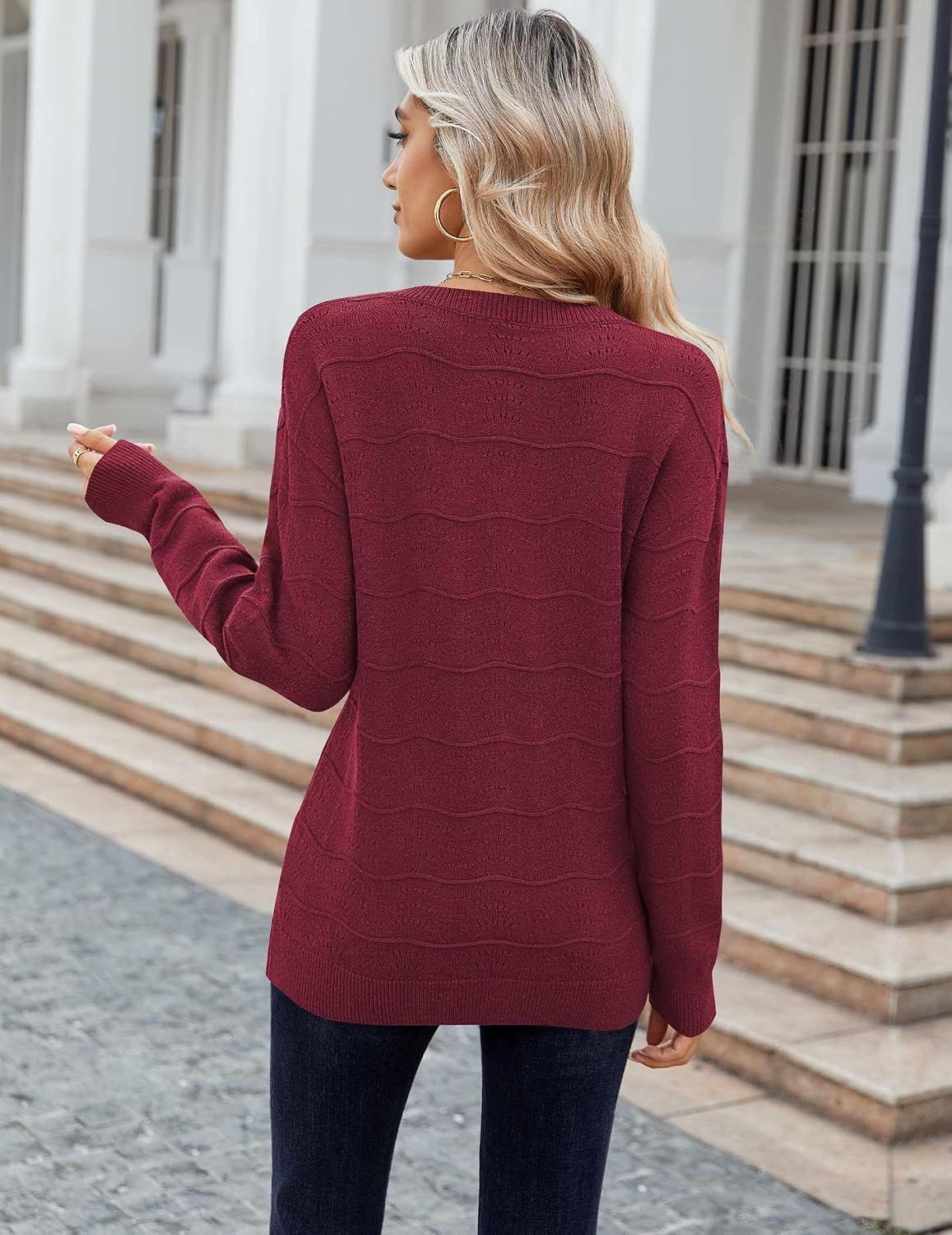 image:imageZeagoo Womens Sweaters Fall Casual Long Sleeve V Neck Shirts Lightweight Crochet Ribbed Knit Pullover Tops OutfitsWine Red