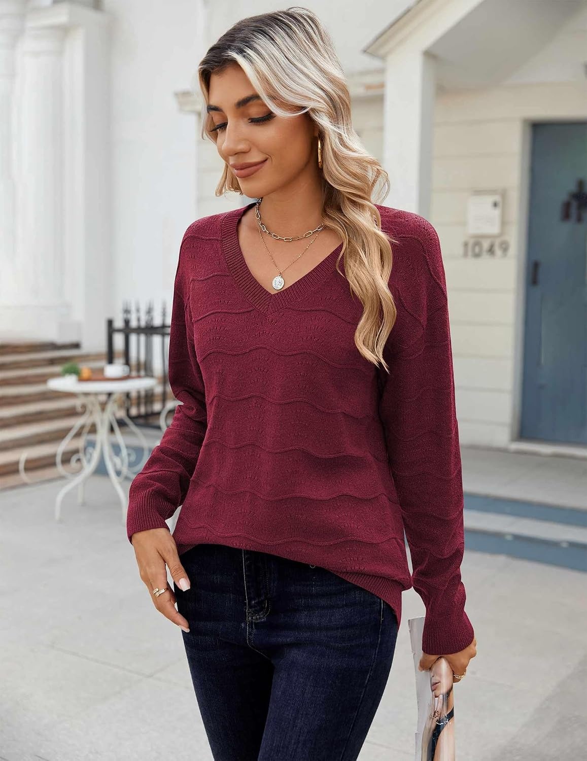 image:imageZeagoo Womens Sweaters Fall Casual Long Sleeve V Neck Shirts Lightweight Crochet Ribbed Knit Pullover Tops OutfitsWine Red