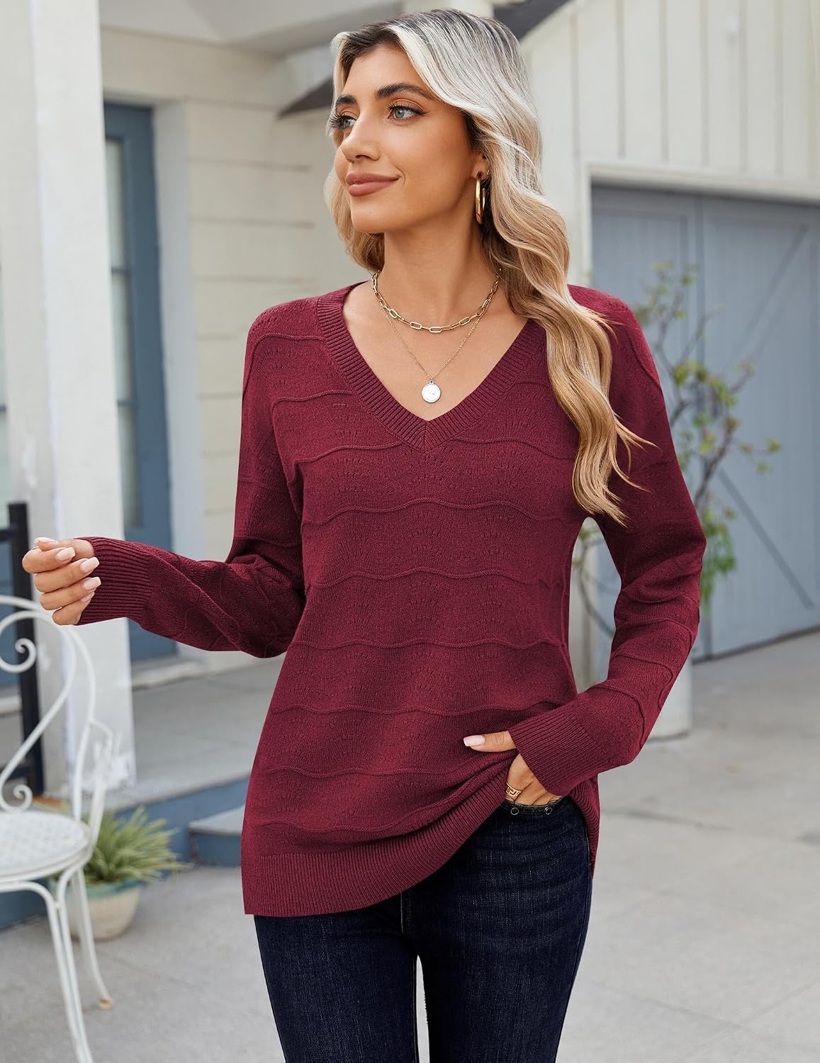 image:imageZeagoo Womens Sweaters Fall Casual Long Sleeve V Neck Shirts Lightweight Crochet Ribbed Knit Pullover Tops OutfitsWine Red