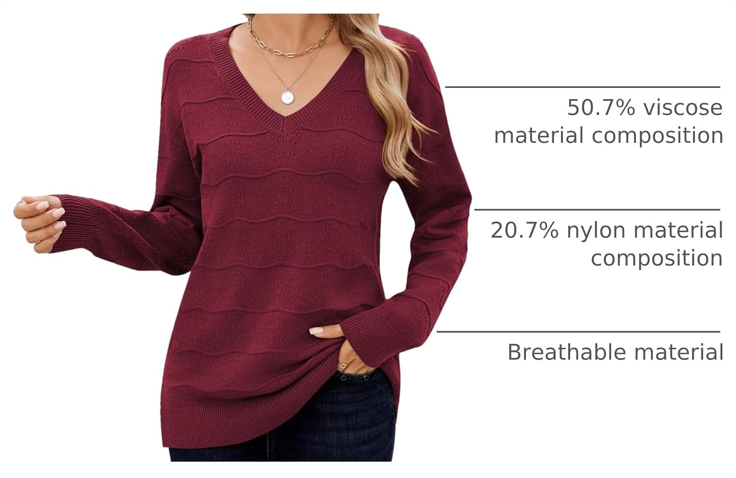image:imageZeagoo Womens Sweaters Fall Casual Long Sleeve V Neck Shirts Lightweight Crochet Ribbed Knit Pullover Tops OutfitsWine Red