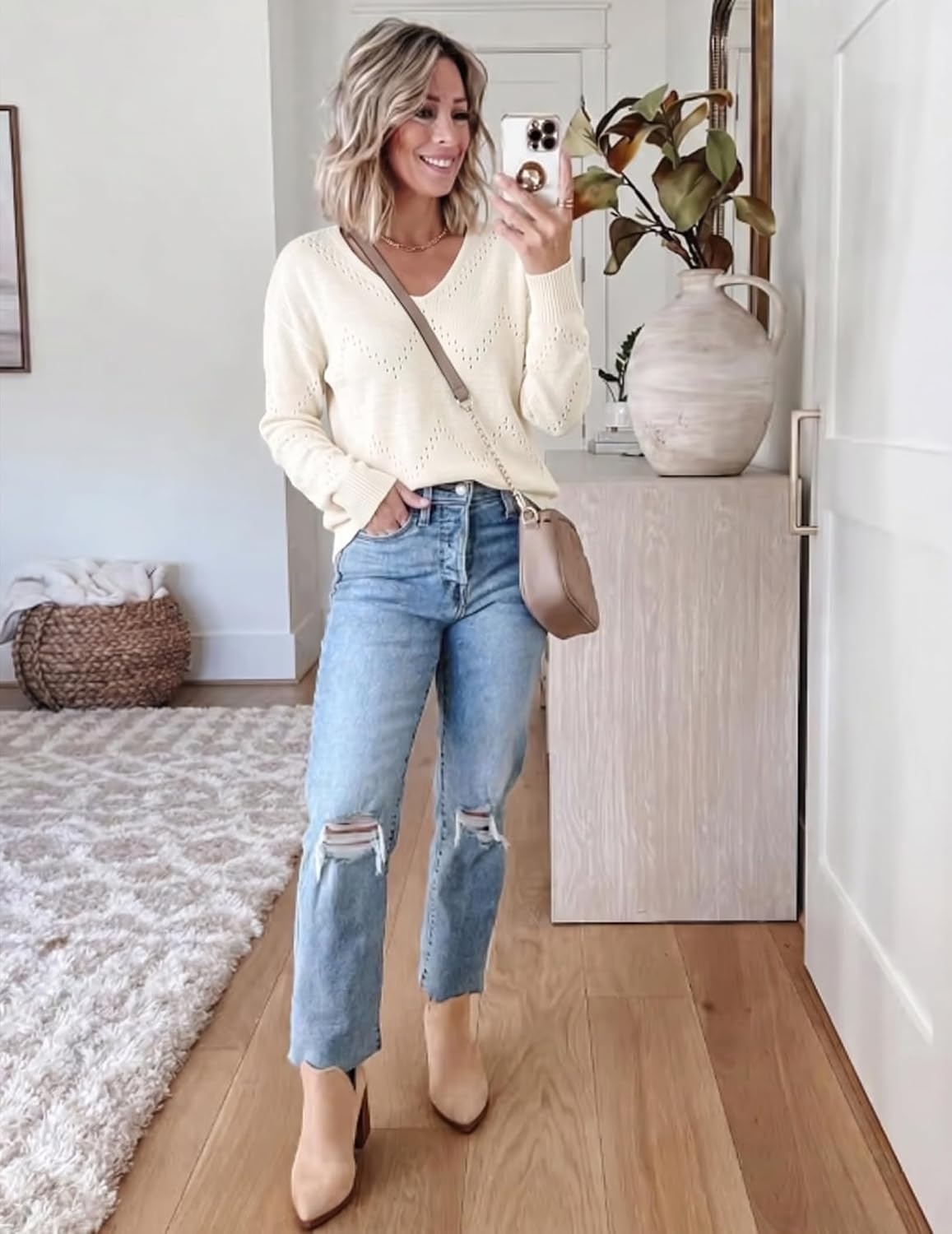 image:imageZeagoo Womens Sweaters Fall Trendy Casual Long Sleeve Shirt Lightweight V Neck Off Shoulder Crochet Pullover Top OutfitBbeige
