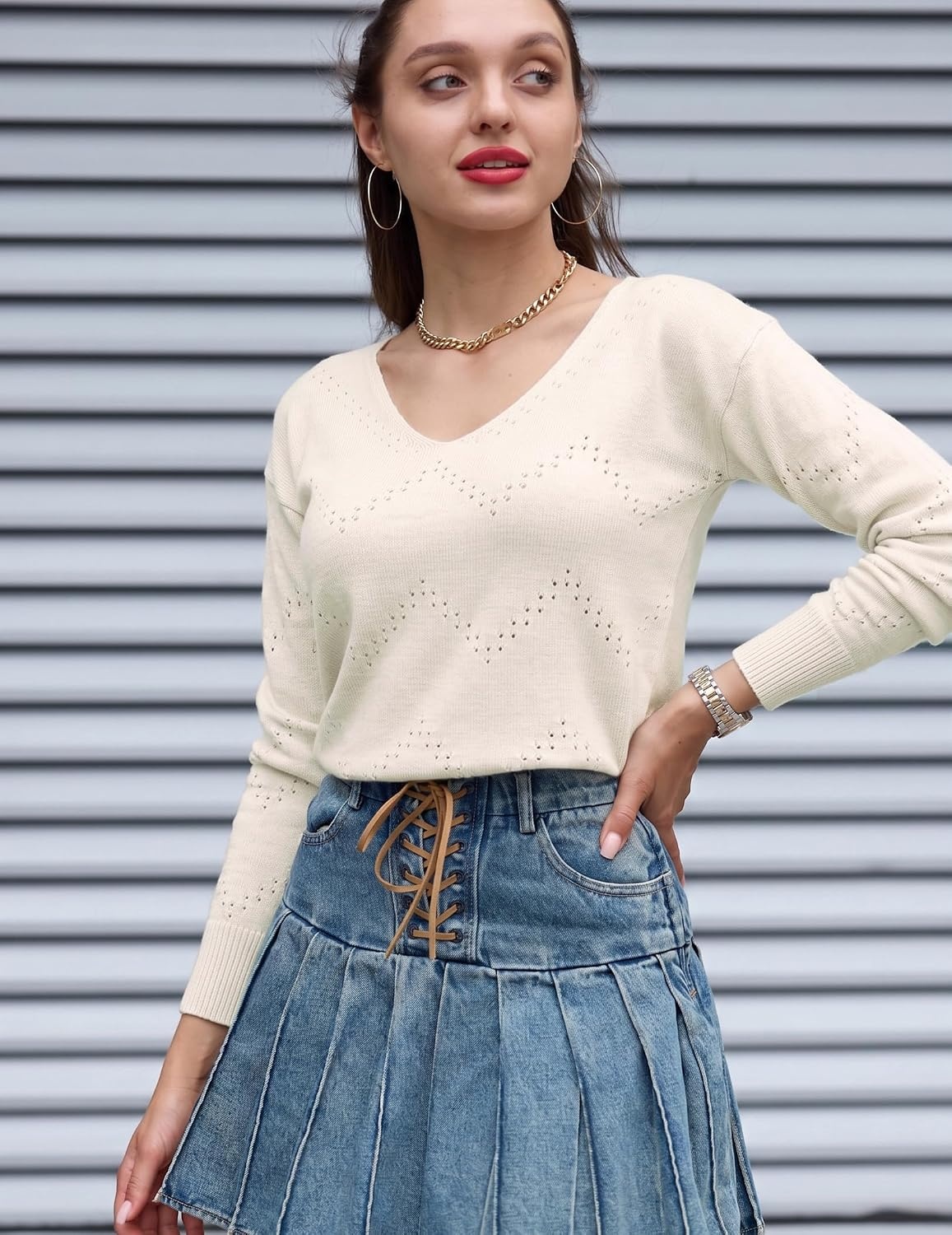 image:imageZeagoo Womens Sweaters Fall Trendy Casual Long Sleeve Shirt Lightweight V Neck Off Shoulder Crochet Pullover Top OutfitBbeige
