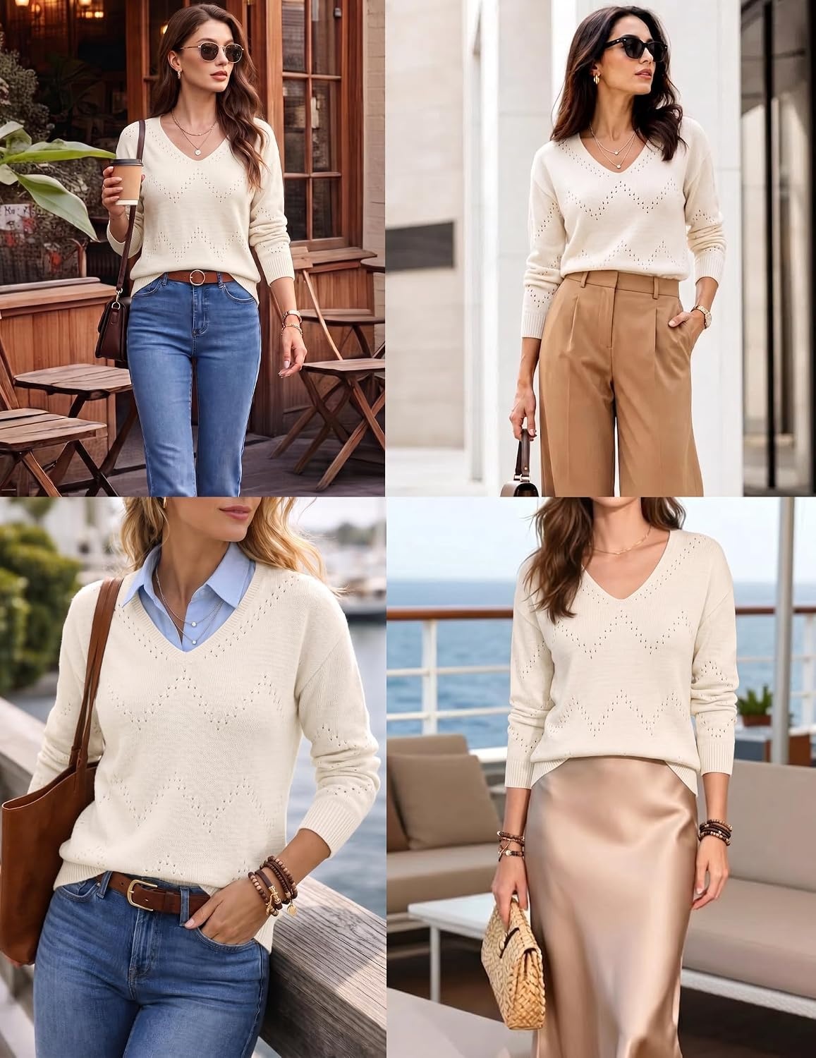 image:imageZeagoo Womens Sweaters Fall Trendy Casual Long Sleeve Shirt Lightweight V Neck Off Shoulder Crochet Pullover Top OutfitBbeige