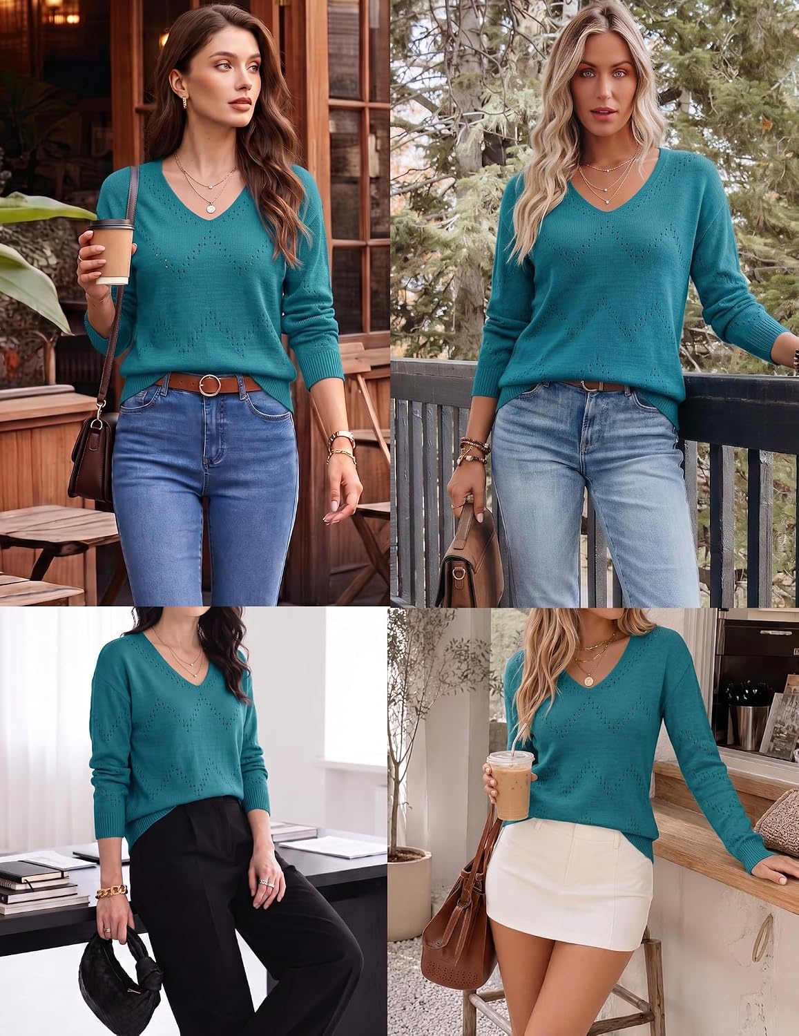 image:imageZeagoo Womens Sweaters Fall Trendy Casual Long Sleeve Shirt Lightweight V Neck Off Shoulder Crochet Pullover Top OutfitBblue Green