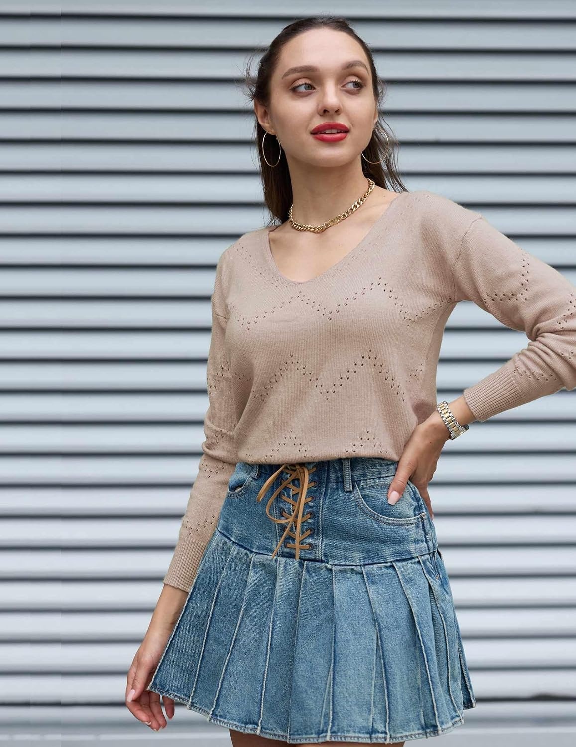 image:imageZeagoo Womens Sweaters Fall Trendy Casual Long Sleeve Shirt Lightweight V Neck Off Shoulder Crochet Pullover Top OutfitBdark Apricot