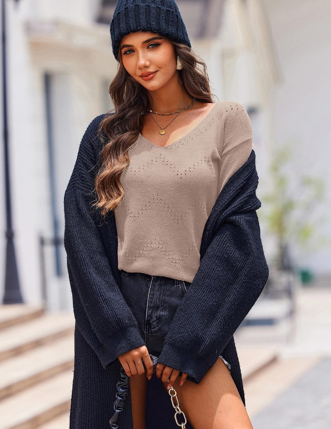 image:imageZeagoo Womens Sweaters Fall Trendy Casual Long Sleeve Shirt Lightweight V Neck Off Shoulder Crochet Pullover Top OutfitBdark Apricot