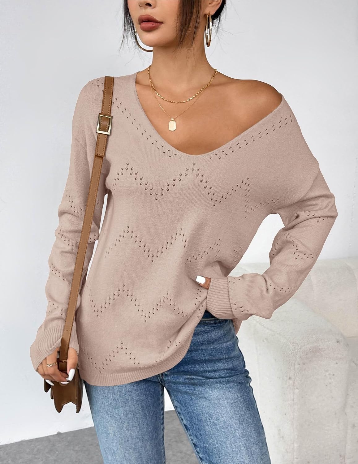 image:imageZeagoo Womens Sweaters Fall Trendy Casual Long Sleeve Shirt Lightweight V Neck Off Shoulder Crochet Pullover Top OutfitBdark Apricot