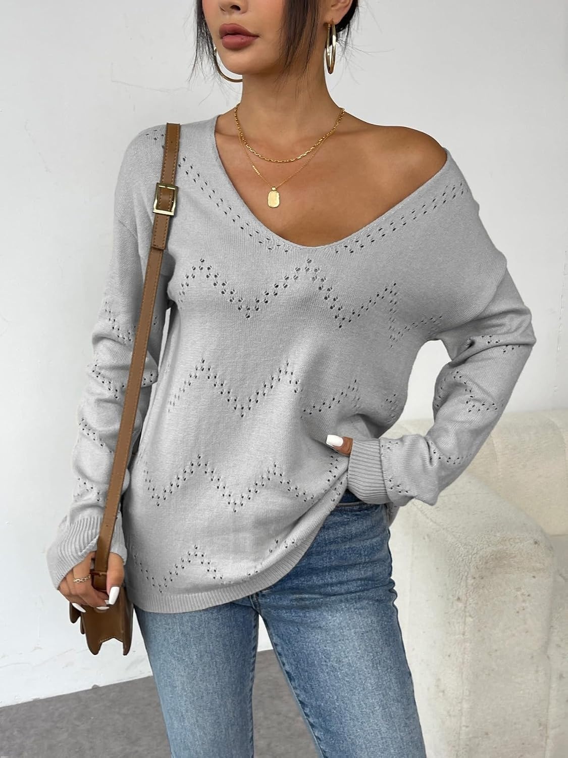 image:imageZeagoo Womens Sweaters Fall Trendy Casual Long Sleeve Shirt Lightweight V Neck Off Shoulder Crochet Pullover Top OutfitBgray