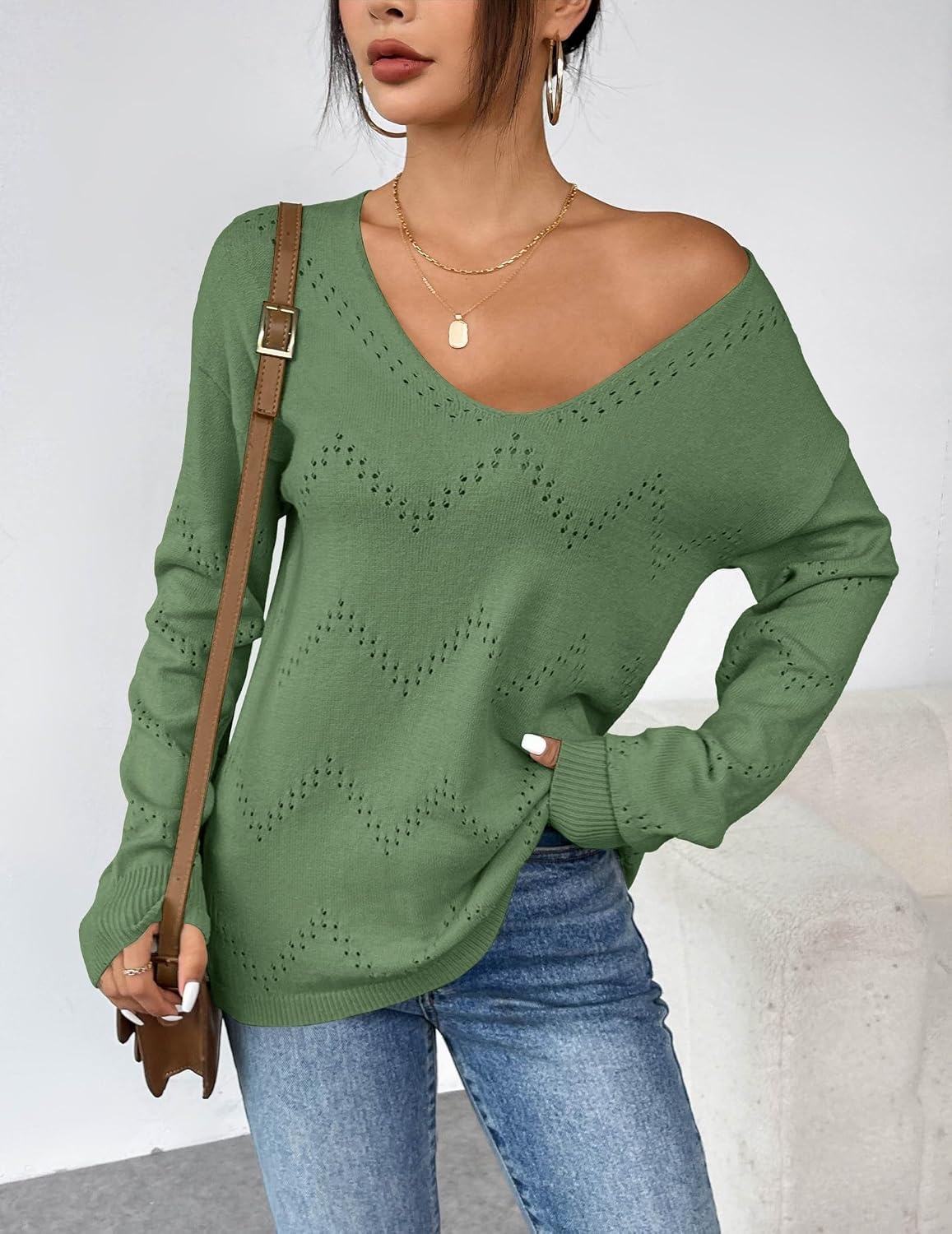 image:imageZeagoo Womens Sweaters Fall Trendy Casual Long Sleeve Shirt Lightweight V Neck Off Shoulder Crochet Pullover Top OutfitBgray Green