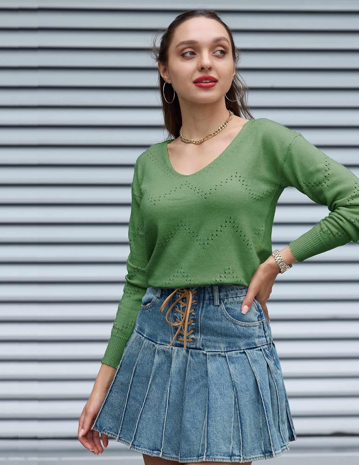 image:imageZeagoo Womens Sweaters Fall Trendy Casual Long Sleeve Shirt Lightweight V Neck Off Shoulder Crochet Pullover Top OutfitBgray Green