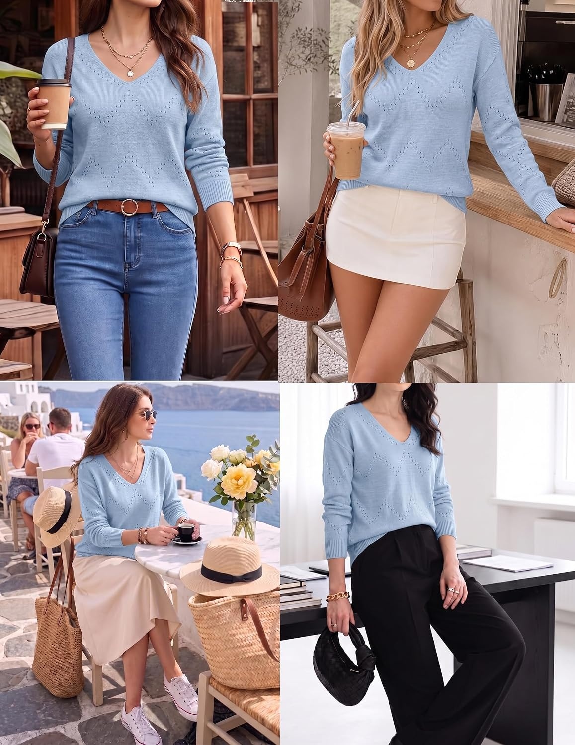 image:imageZeagoo Womens Sweaters Fall Trendy Casual Long Sleeve Shirt Lightweight V Neck Off Shoulder Crochet Pullover Top OutfitBlight Blue