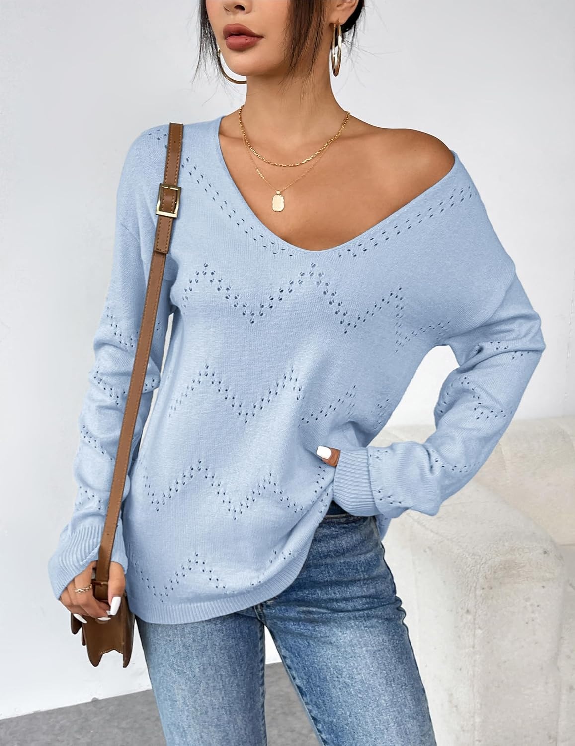 image:imageZeagoo Womens Sweaters Fall Trendy Casual Long Sleeve Shirt Lightweight V Neck Off Shoulder Crochet Pullover Top OutfitBlight Blue
