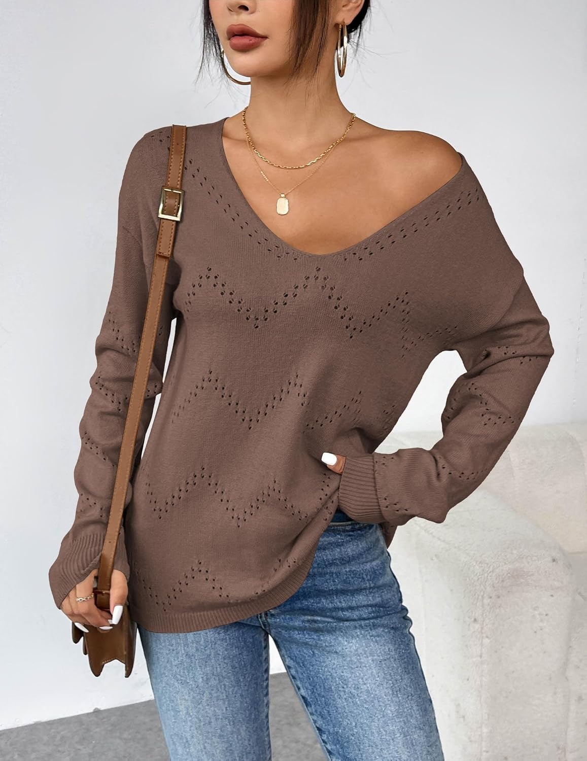 image:imageZeagoo Womens Sweaters Fall Trendy Casual Long Sleeve Shirt Lightweight V Neck Off Shoulder Crochet Pullover Top OutfitBnutmeg