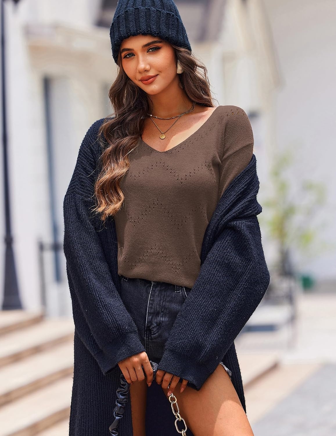 image:imageZeagoo Womens Sweaters Fall Trendy Casual Long Sleeve Shirt Lightweight V Neck Off Shoulder Crochet Pullover Top OutfitBnutmeg
