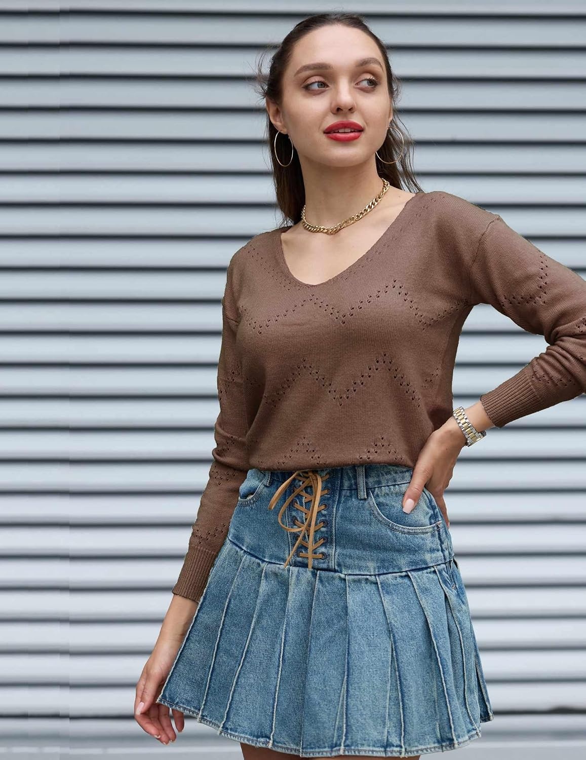 image:imageZeagoo Womens Sweaters Fall Trendy Casual Long Sleeve Shirt Lightweight V Neck Off Shoulder Crochet Pullover Top OutfitBnutmeg