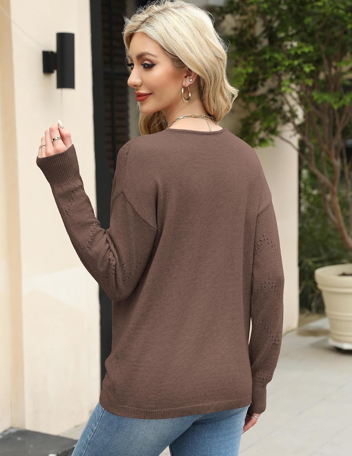 image:imageZeagoo Womens Sweaters Fall Trendy Casual Long Sleeve Shirt Lightweight V Neck Off Shoulder Crochet Pullover Top OutfitBnutmeg