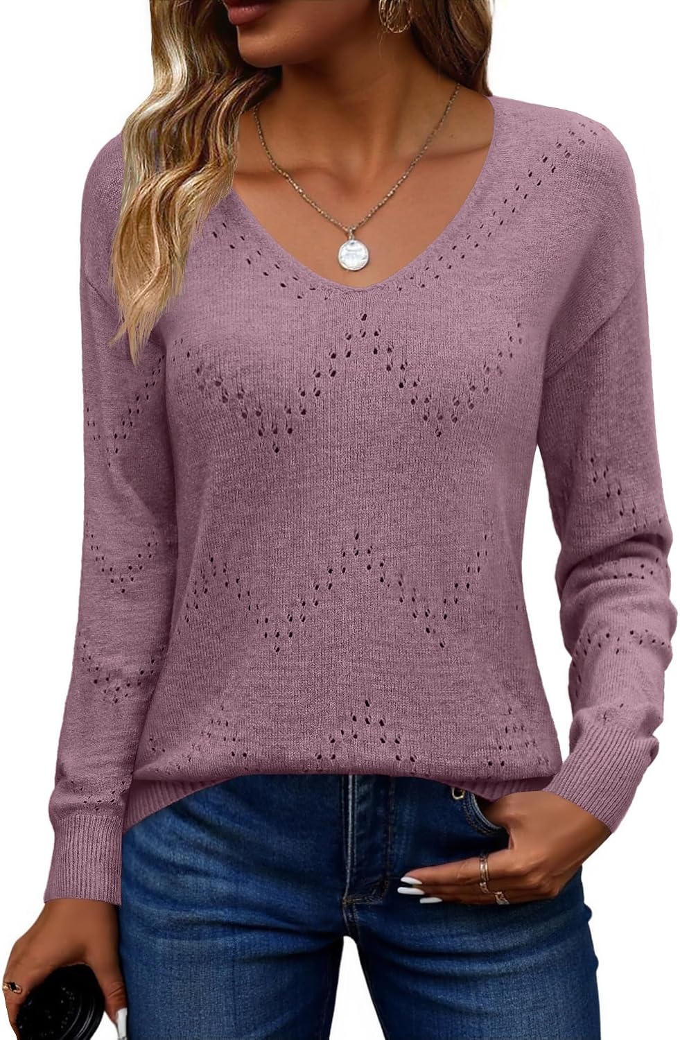 image:imageZeagoo Womens Sweaters Fall Trendy Casual Long Sleeve Shirt Lightweight V Neck Off Shoulder Crochet Pullover Top OutfitBpurple