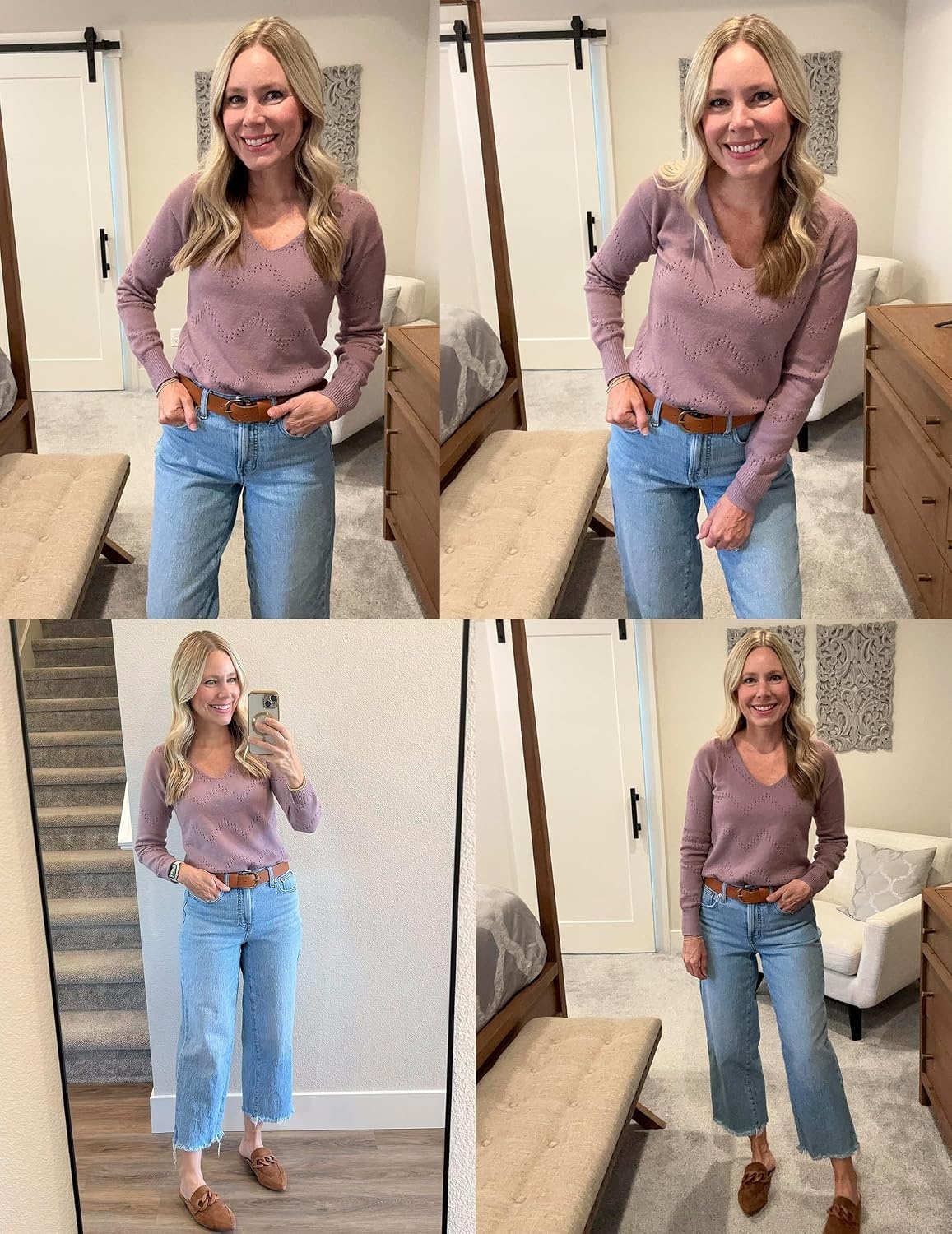 image:imageZeagoo Womens Sweaters Fall Trendy Casual Long Sleeve Shirt Lightweight V Neck Off Shoulder Crochet Pullover Top OutfitBpurple