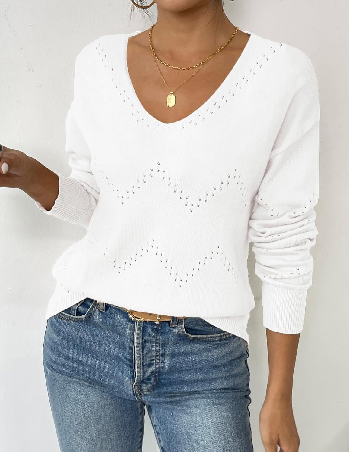 image:imageZeagoo Womens Sweaters Fall Trendy Casual Long Sleeve Shirt Lightweight V Neck Off Shoulder Crochet Pullover Top OutfitBwhite