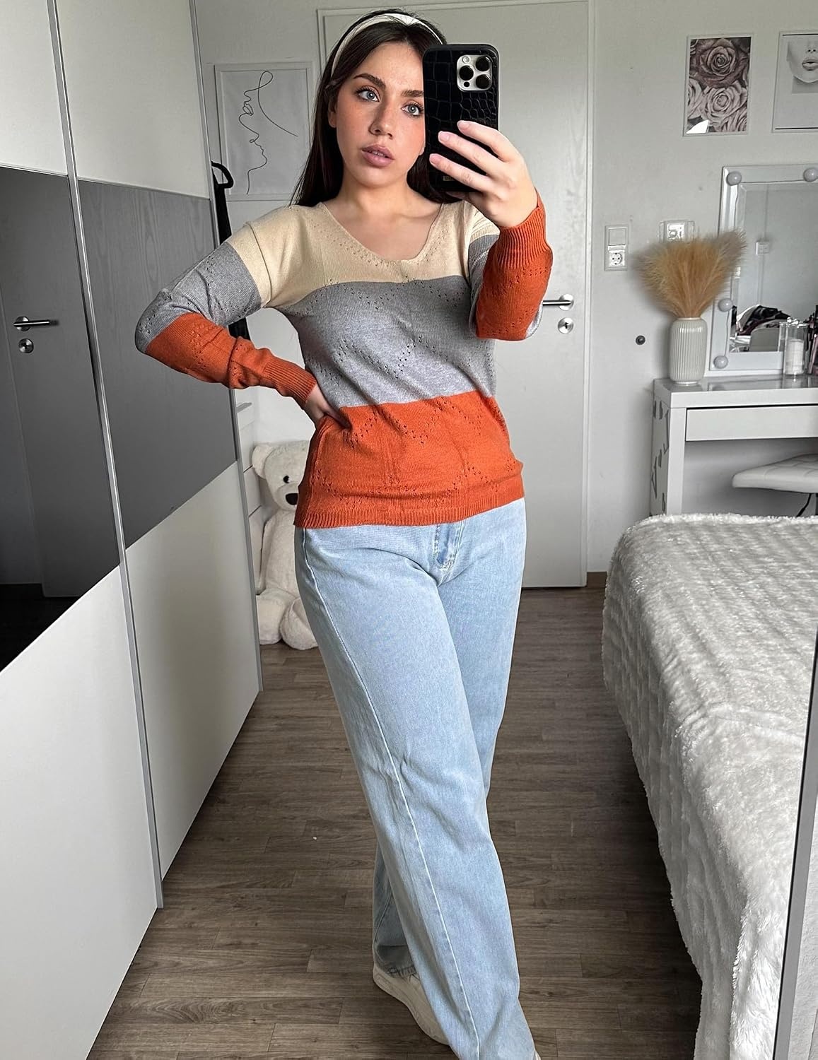 image:imageZeagoo Womens Sweaters Fall Trendy Casual Long Sleeve Shirt Lightweight V Neck Off Shoulder Crochet Pullover Top OutfitCcolorblock Apricot