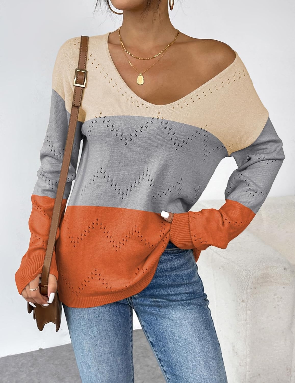 image:imageZeagoo Womens Sweaters Fall Trendy Casual Long Sleeve Shirt Lightweight V Neck Off Shoulder Crochet Pullover Top OutfitCcolorblock Apricot