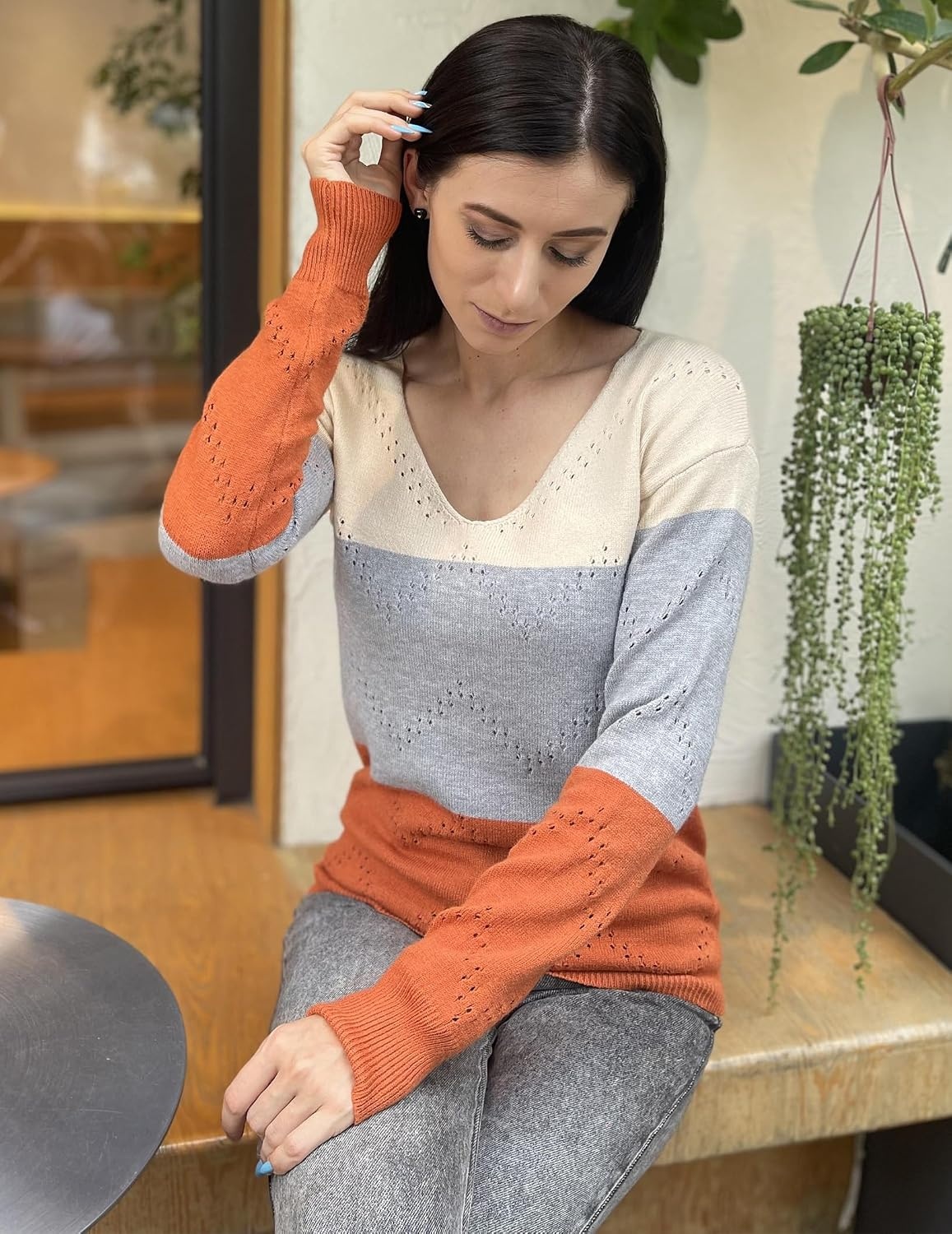 image:imageZeagoo Womens Sweaters Fall Trendy Casual Long Sleeve Shirt Lightweight V Neck Off Shoulder Crochet Pullover Top OutfitCcolorblock Apricot